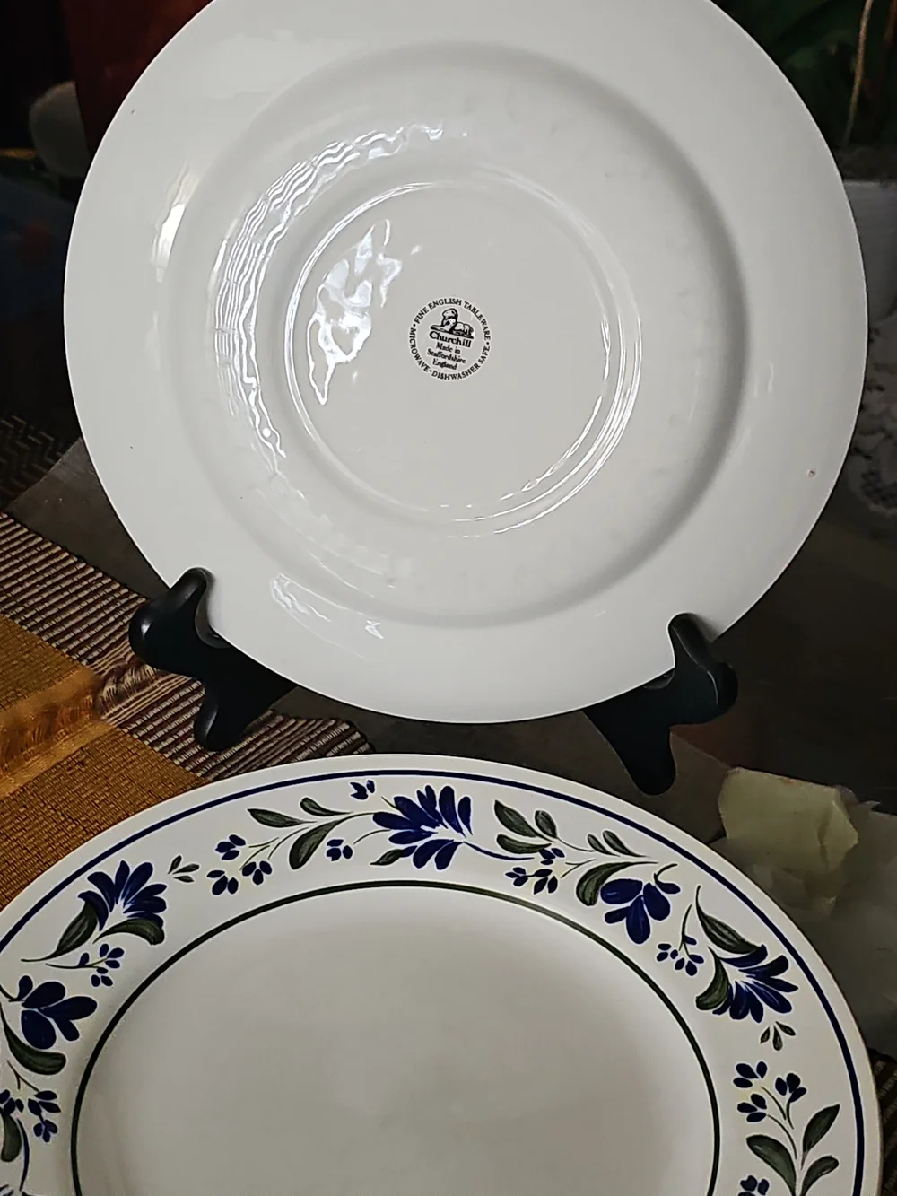 White Ceramic Dinner Plates with Blue Floral Border Made In ENGLAND